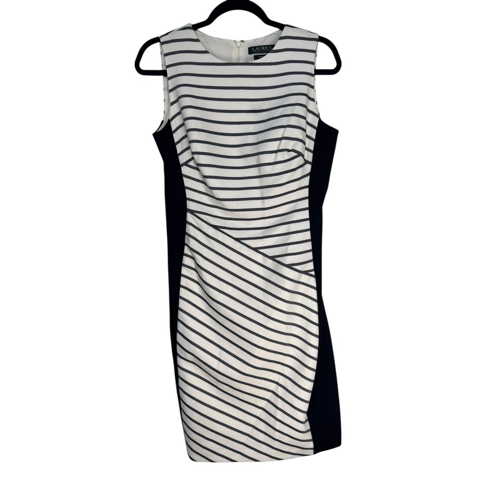 Lauren Ralph Lauren Striped Sheath Dress Navy White Sleeveless Knee Length Siz 8 - Picture 8 of 10